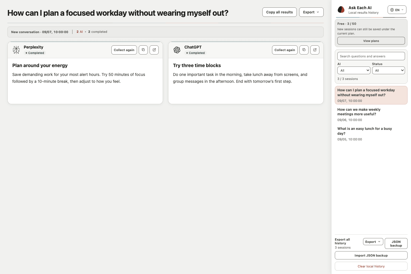 Ask Each AI Free results page showing two selected AI answers and local history